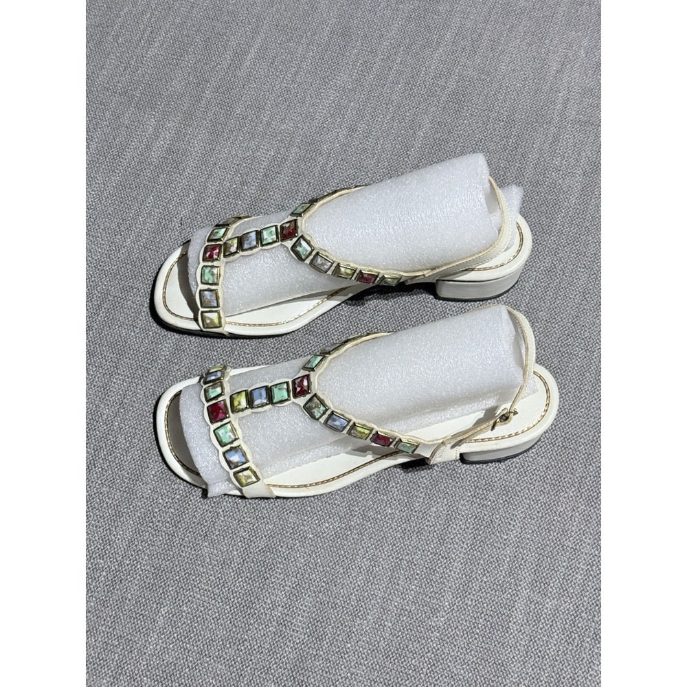 Signals by Beacon White Leather Multi Color Jewel T-Strap Slingback Sandals 9